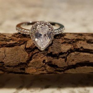 NEW! Halo Pear Cubic Zirconia Sterling Silver 925 Ring